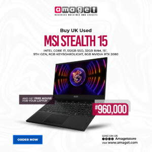 MSI STEALTH 15 15INCH SCREEN, INTEL CORE i7, 512GB SSD, 32GB RAM, 9TH GEN, RGB KEYBOARD LIT, 8GB NVIDIA RTX 2080 LONDON USED