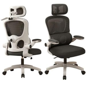 Ergonomic Home & Office Chair With Flip Armrest & Lumber Support -WHITE BLACK
