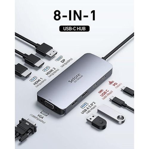 USB C Docking Station Dual HDMI Monitor Adapter, Selore USB C Hub 3 Monitors with Dual HDMI, Displayport, VGA, 100W PD Charging, 3USB 2.0 Ports Adapter for Dell XPS, HPdevice, Lenovo