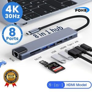 POHB HDMI Hub 8-in-1 USB Type-C Adapter 100 Mbps Silver Grey