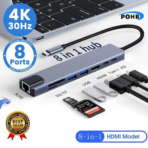 POHB HDMI Hub 8-in-1 USB Type-C Adapter 100 Mbps Silver Grey